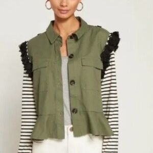 English Factory Olive Green Peplum Utility Vest with Black Fringe